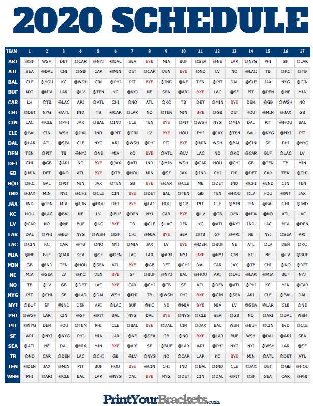 NFL Full Season Schedule Grid 2020 Printable