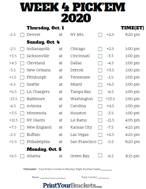 NFL Week 4 Pick em Against The Spread Sheets Printable
