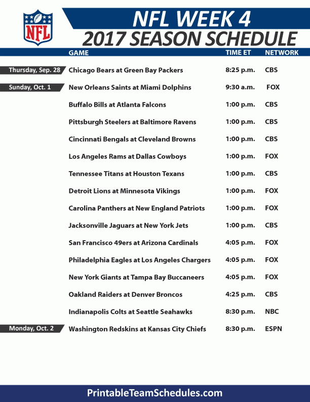 NFL Week 4 Schedule Nfl Week Nfl Nfl Weekly Schedule