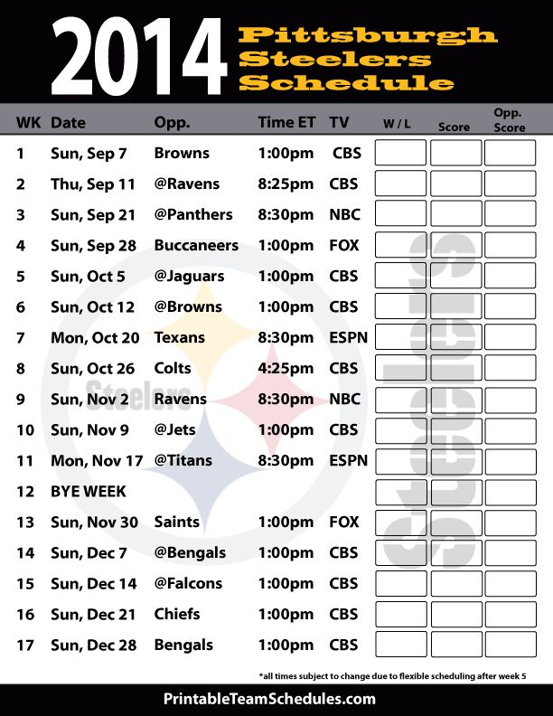 Pittsburgh Steelers Printable Schedule