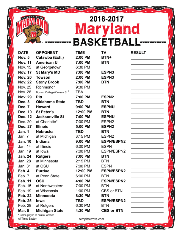 Printable 2016 2017 Maryland Terrapins Basketball Schedule