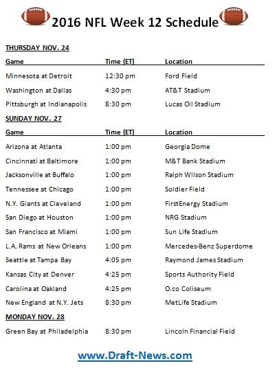 Printable 2016 NFL Week 12 Schedule Nfl Week Nfl Schedule