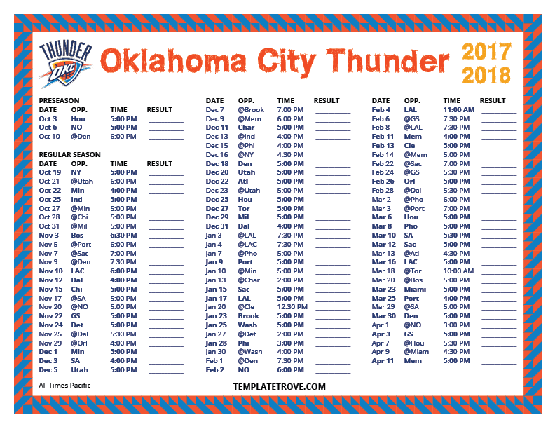 Printable 2017 2018 Oklahoma City Thunder Schedule
