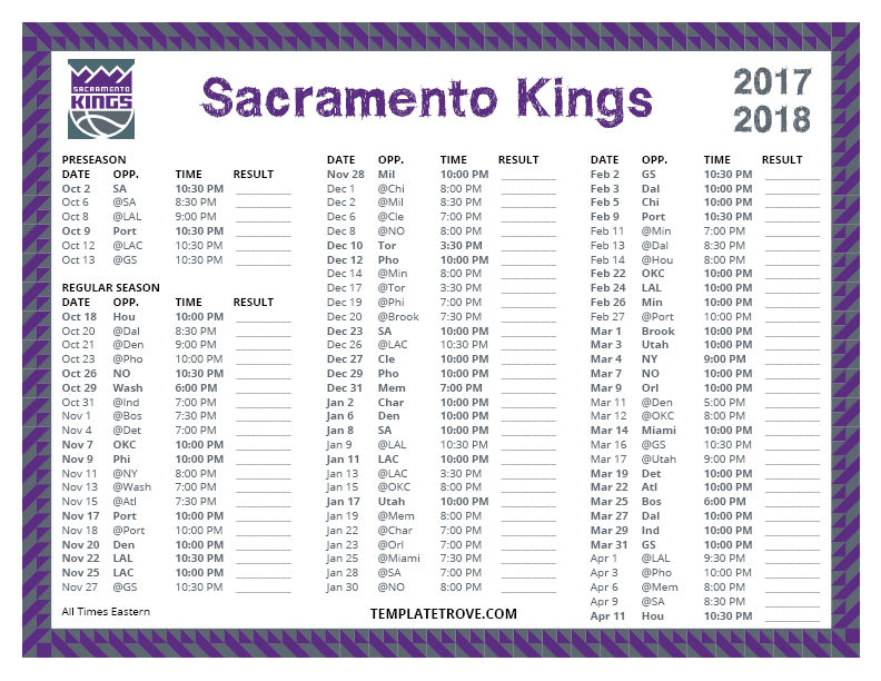 Printable 2017 2018 Sacramento Kings Schedule