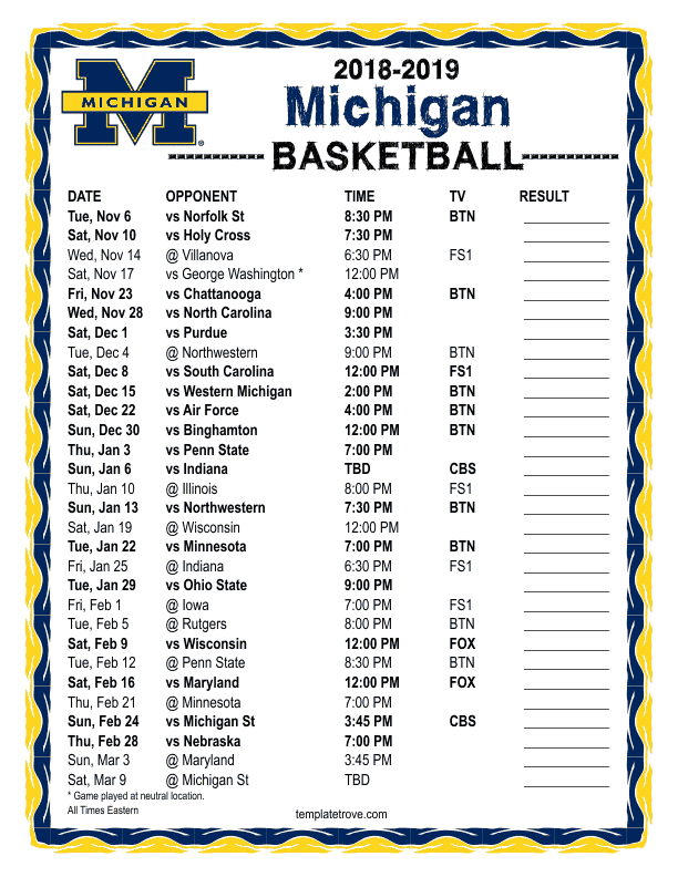 Printable 2018 2019 Michigan Wolverines Basketball Schedule