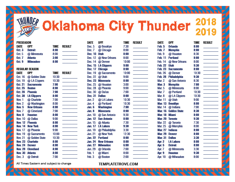 Printable 2018 2019 Oklahoma City Thunder Schedule