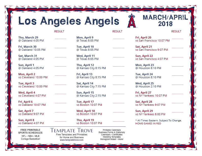 Printable 2018 Los Angeles Angels Schedule