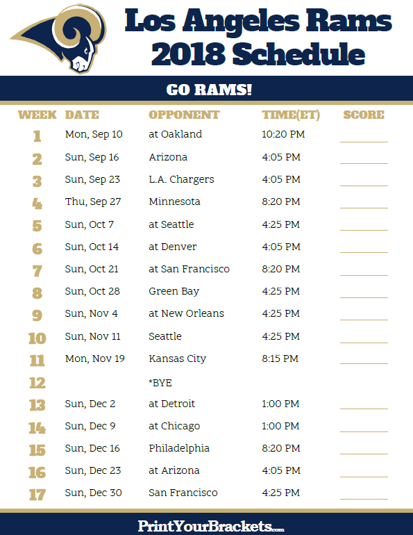 Printable 2018 Los Angeles Rams Football Schedule Los