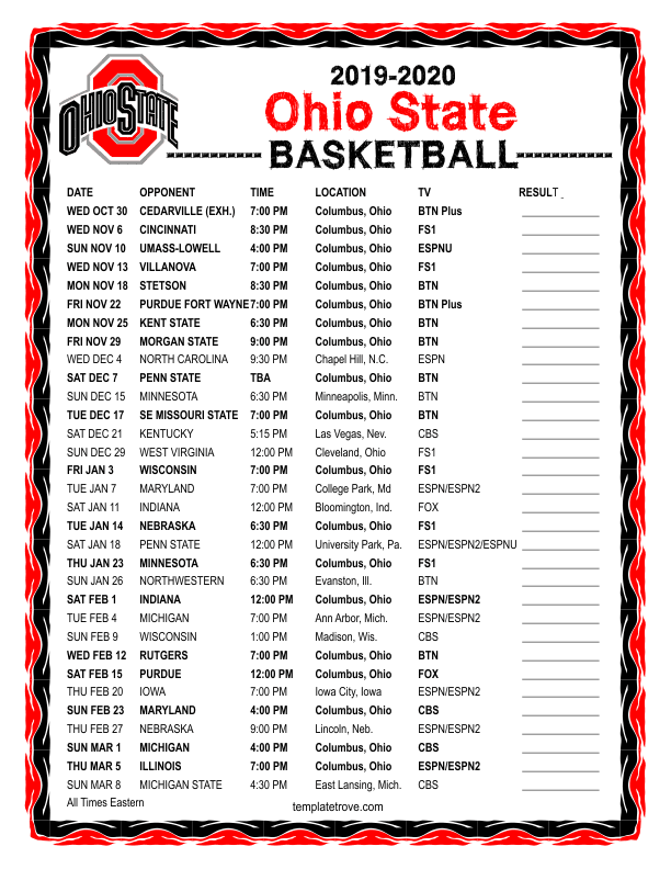 Printable 2019 2020 Ohio State Buckeyes Basketball Schedule