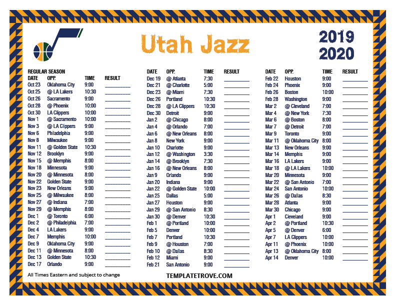 Printable 2019 2020 Utah Jazz Schedule