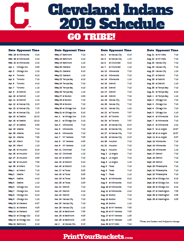 Printable 2019 Cleveland Indians Schedule Cleveland 