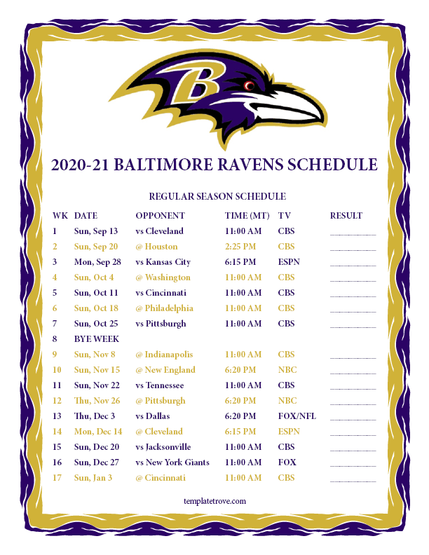 Printable 2020 2021 Baltimore Ravens Schedule