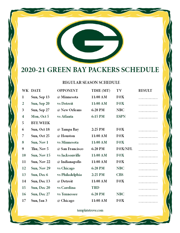 Printable 2020 2021 Green Bay Packers Schedule