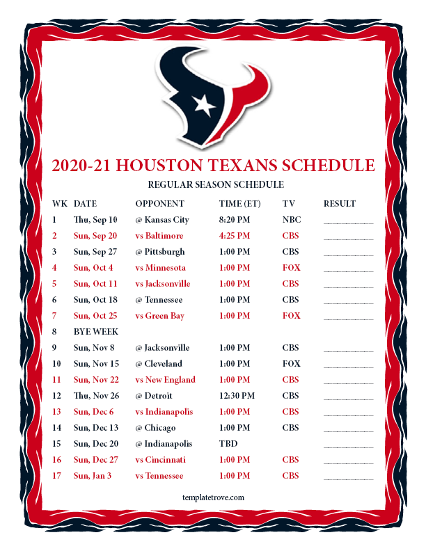 Printable 2020 2021 Houston Texans Schedule