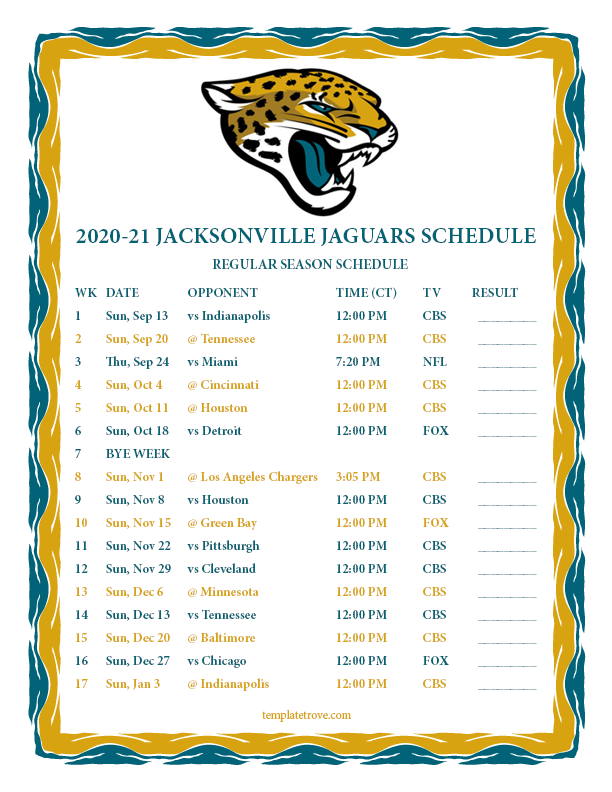 Printable 2020 2021 Jacksonville Jaguars Schedule