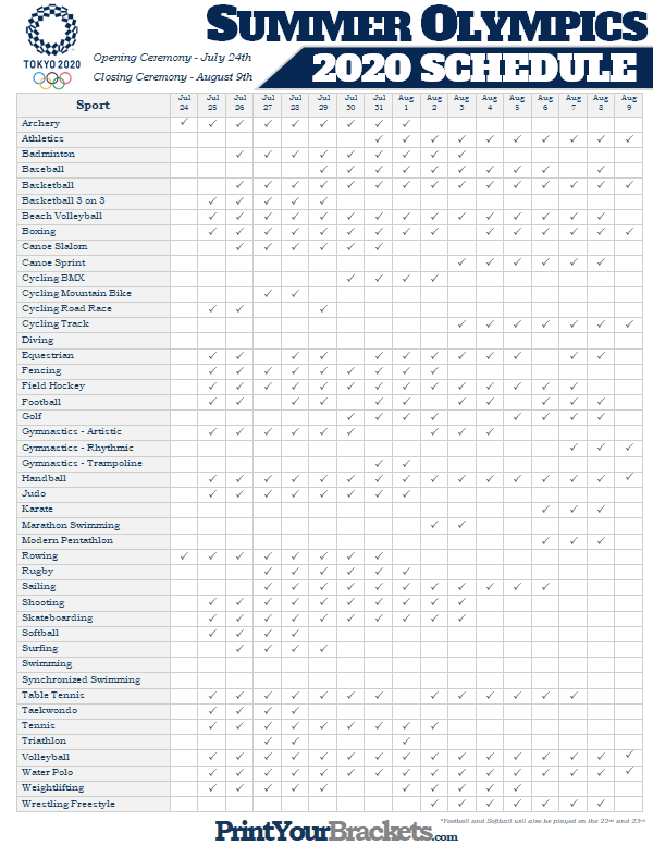 Printable 2021 Olympic Schedule Summer Tokyo Games