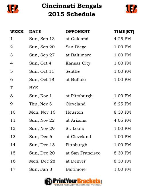 Printable Cincinnati Bengals Schedule 2015 Football 