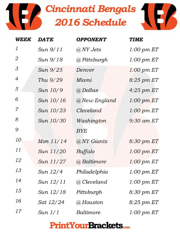 Printable Cincinnati Bengals Schedule 2016 Football