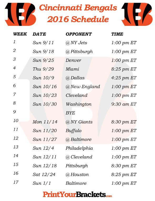 Printable Cincinnati Bengals Schedule 2016 Football 