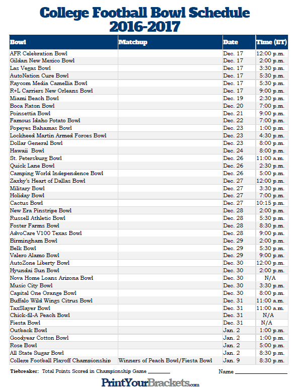 Printable College Football Bowl Schedule Pick Em