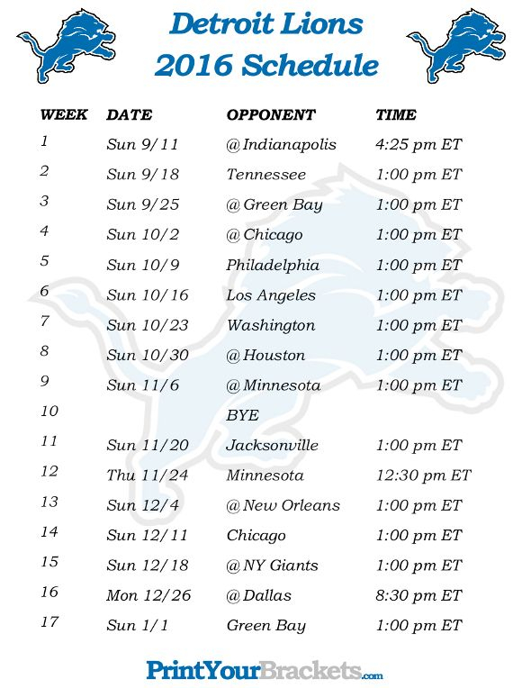 Printable Detroit Lions Schedule 2016 Football Season 