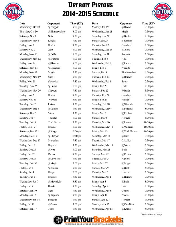 Printable Detroit Pistons Schedule