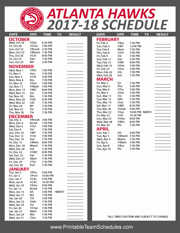 Hawks Schedule Printable Printable Schedule