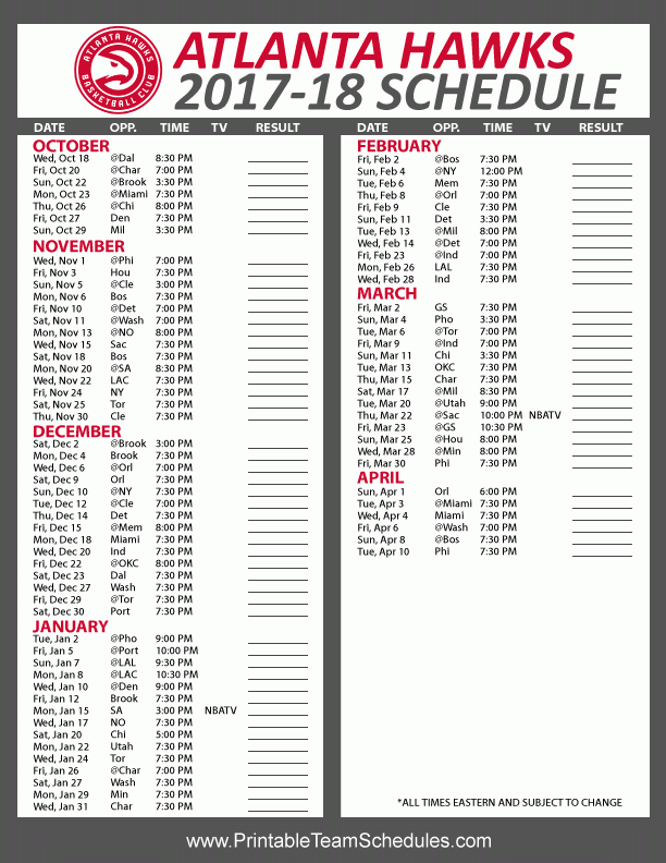 Atlanta Hawks Printable Schedule