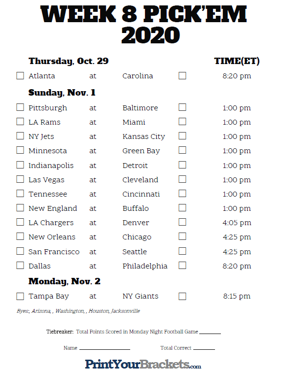 Printable NFL Week 8 Schedule Pick Em Pool 2020