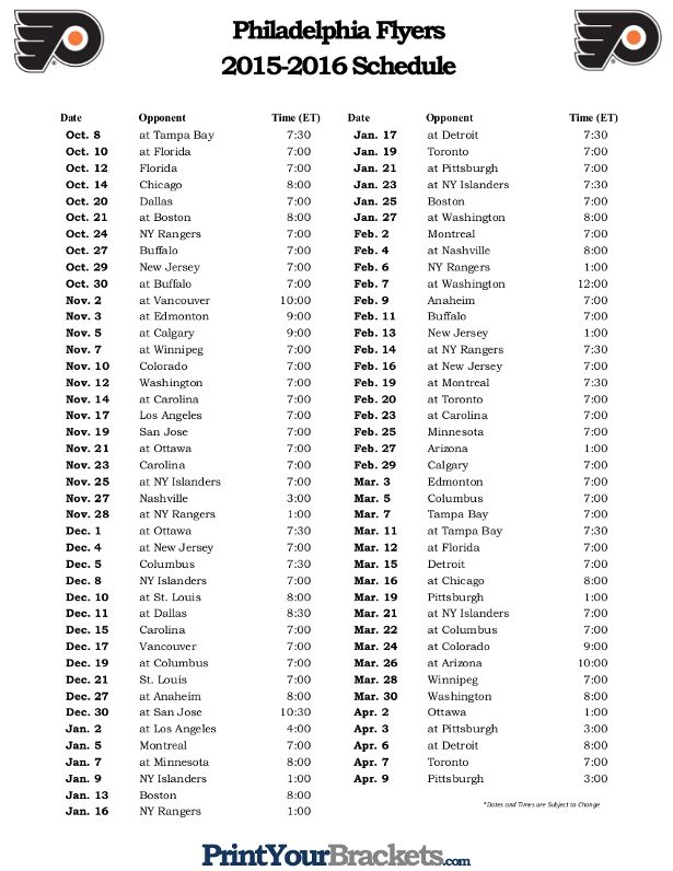 Printable Philadelphia Flyers Hockey Schedule 2015 2016 