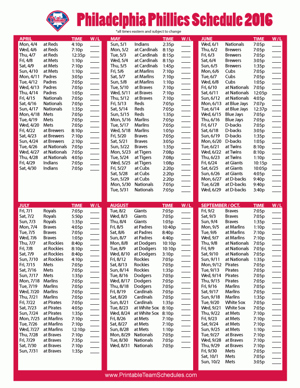 Printable Philadelphia Phillies Schedule 2016 Boston Red