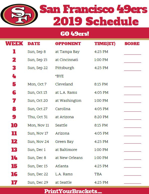 Printable San Francisco 49ers Schedule 2019 Season San 