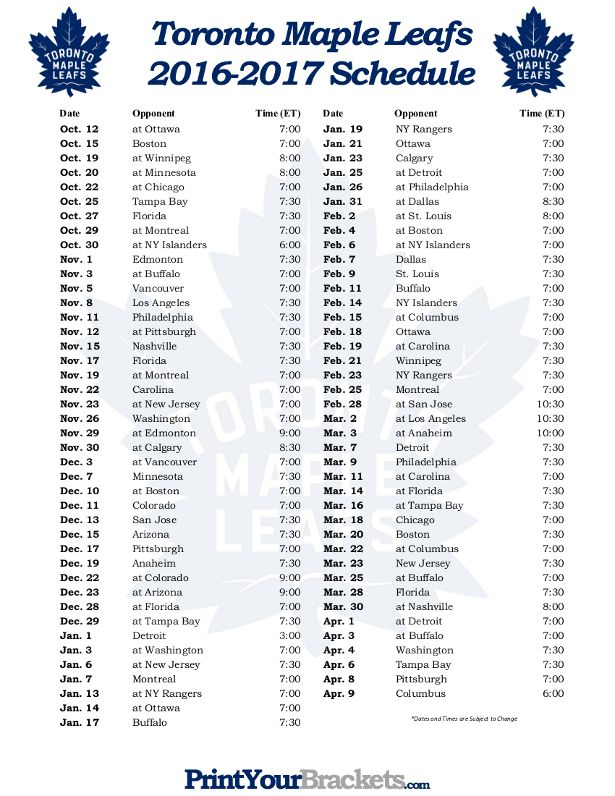 Printable Toronto Maple Leafs Hockey Schedule 2016 2017 