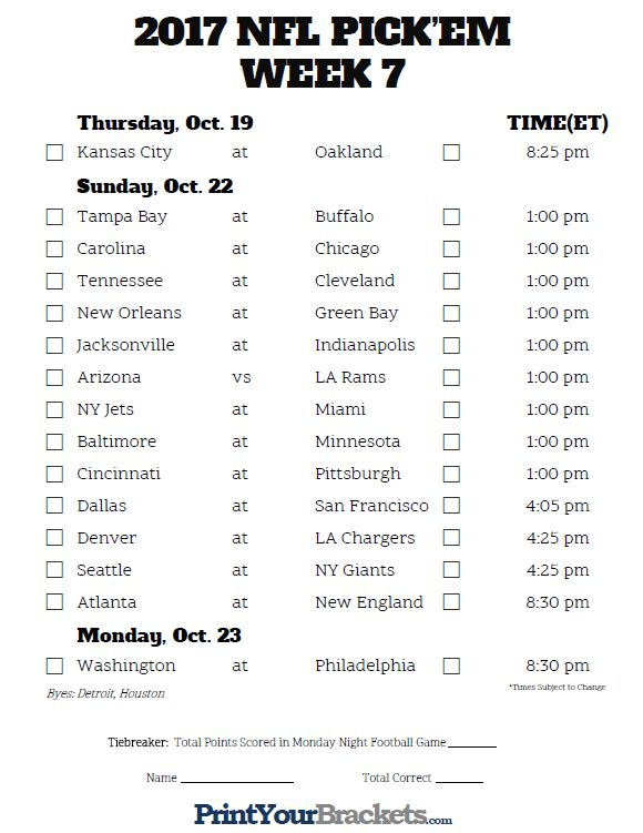 Printable Week 7 NFL Schedule Pick Em Sheets Nfl Nfl 
