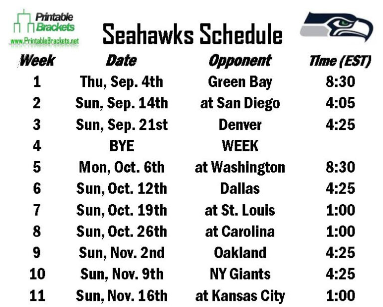 Seahawks Schedule Seattle Seahawks Schedule Printable Schedule