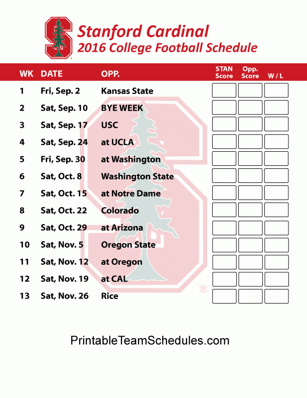 Stanford Cardinal Football Schedule 2016 Print Schedule 