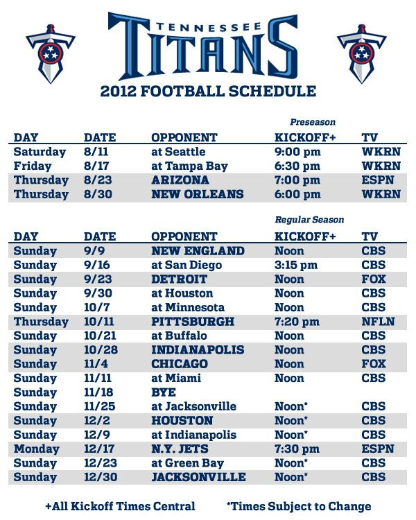 Tennessee Titans Season Schedule Tennessee Titans 