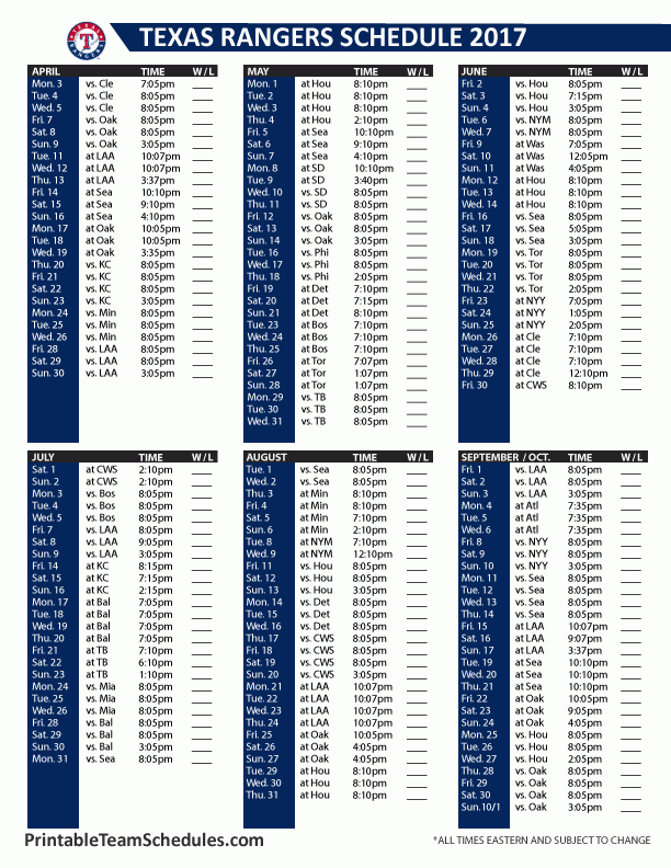 Texas Rangers Regular Season Schedule 2017 Print Here 