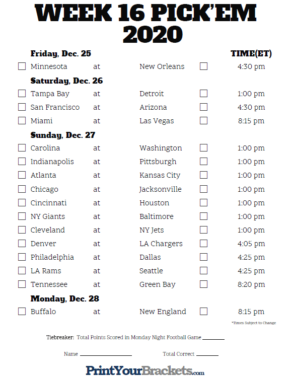 Nfl Week 16 Printable Schedule - Printable Schedule