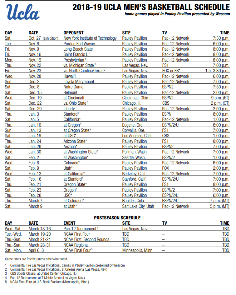 UCLA Men s Basketball Full 2018 2019 Schedule Released 