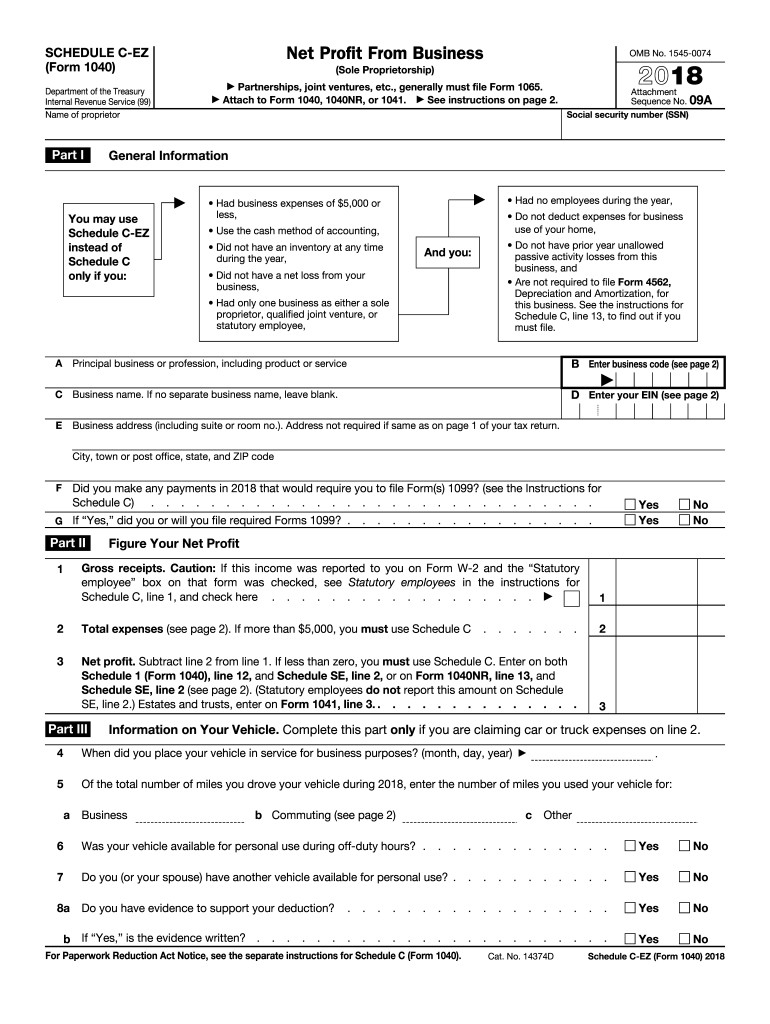 2018 2021 Form IRS 1040 Schedule C EZ Fill Online 