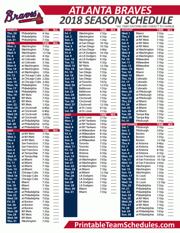 2018 Atlanta Braves Printable Schedule Mlb Baseball 