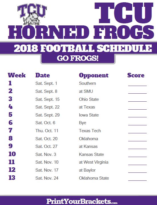 2018 Printable TCU Horned Frogs Football Schedule Tcu 