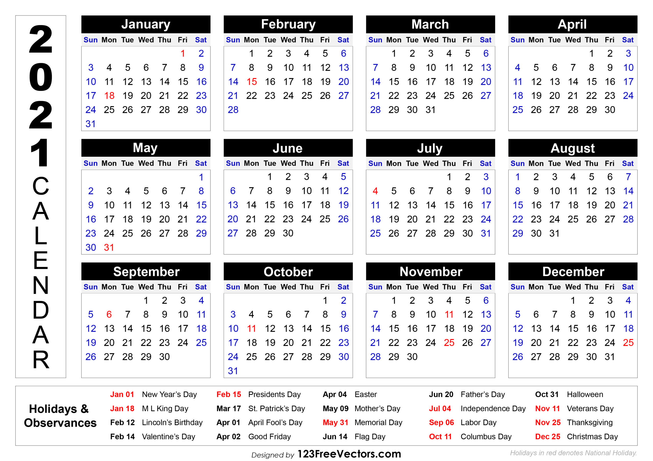 2021 Calendar Holidays And Observances Printable 