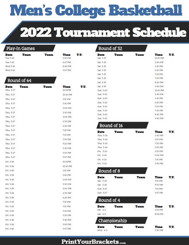2021 NCAA March Madness Tournament TV Schedule Printable