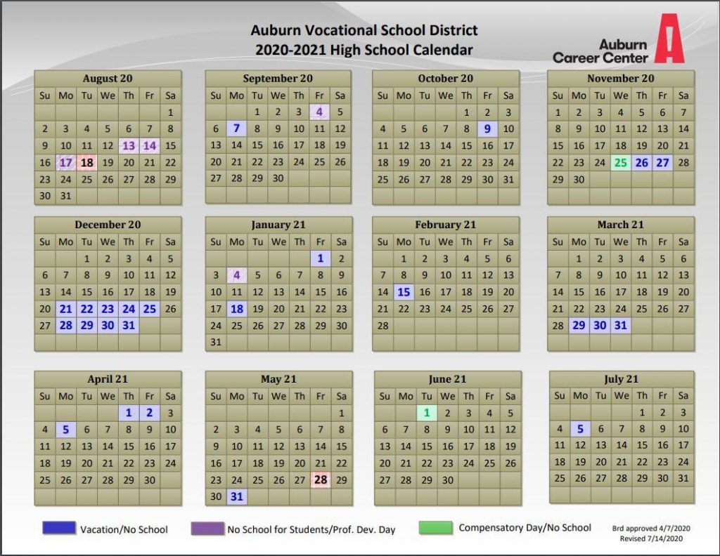 Auburn School District Calendar 2020 2021 Printable