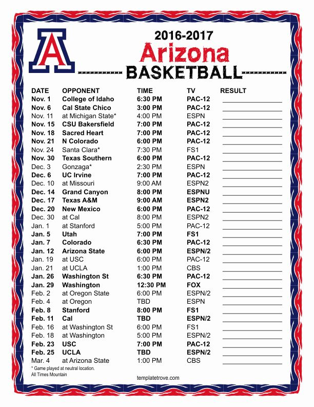 Basketball Schedule Template Best Of Printable 2017 2018 