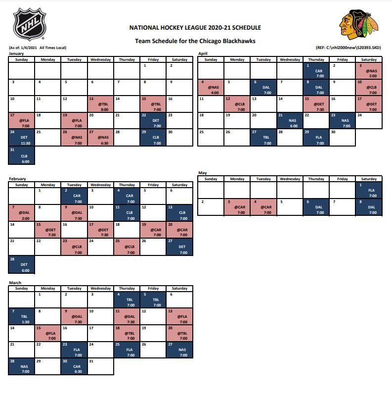 Chicago Blackhawks 2021 NHL Season Schedule Start Times 