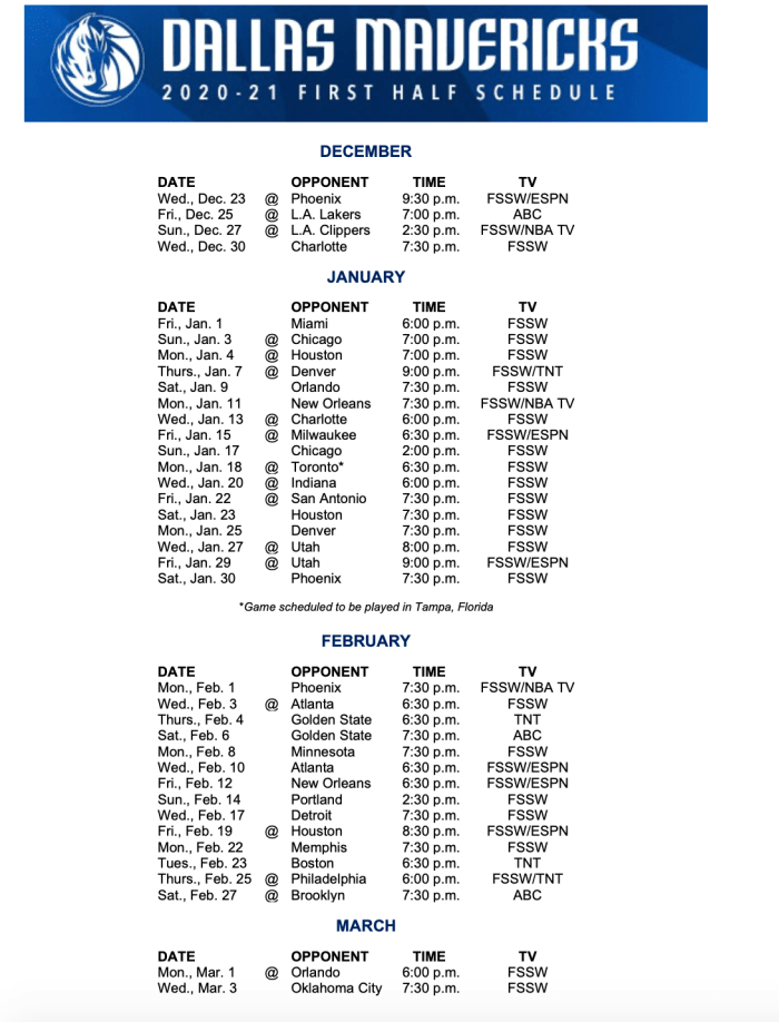 Dallas Mavs First Half NBA Schedule Is Out And It s A TV 