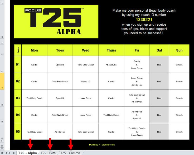 Focus T25 Calendar workout Schedule Results Tracking 